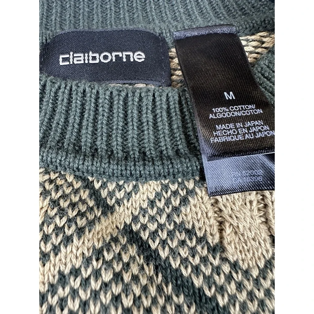 Vtg 90s CLAIBORNE Green Tan Argyle Diamond Crew Sweater Grunge Gpa Academia Sz M